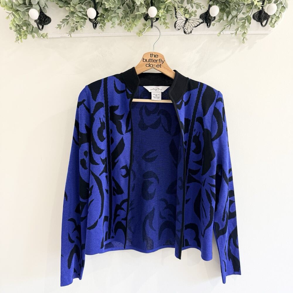 Ming Wang Knit Blue/Black Long Sleeves Cardigan Jacket Size XS 33071